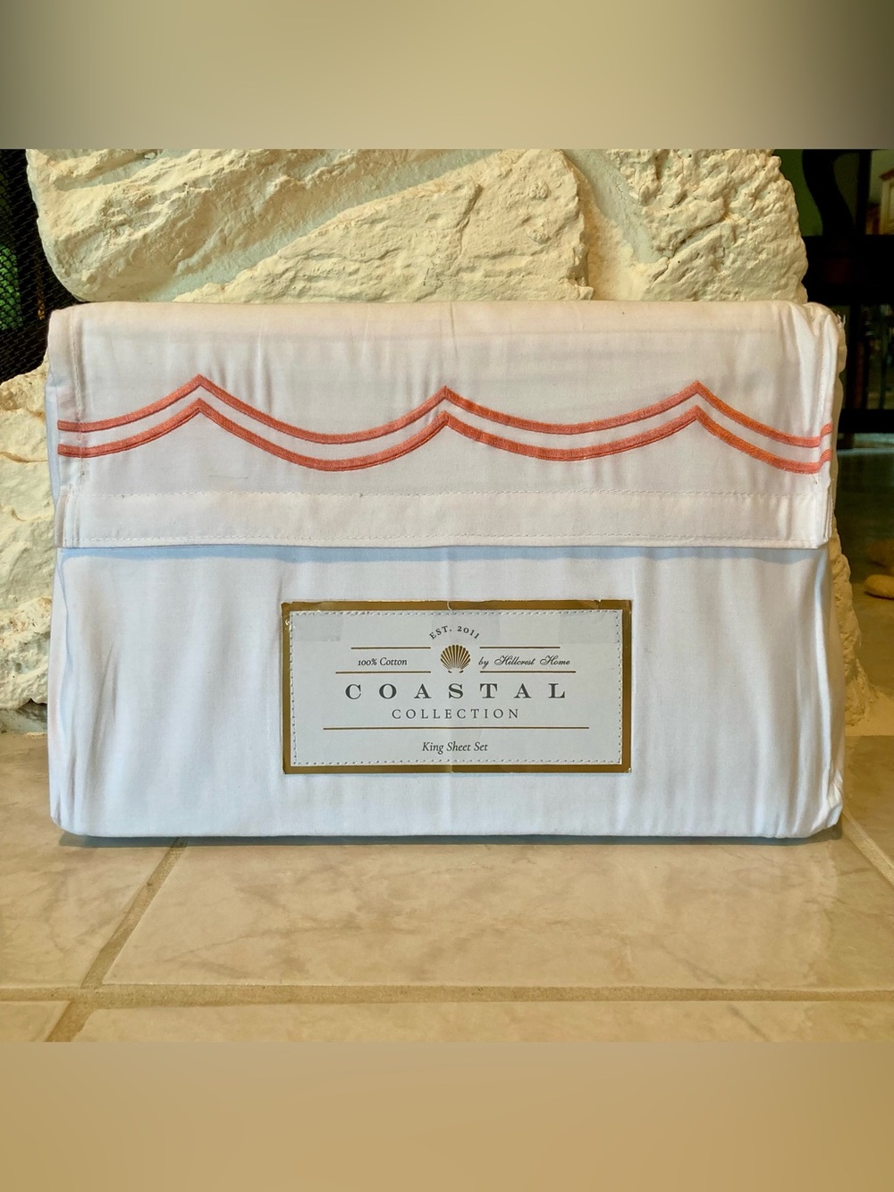NEW Coastal Collection King Sheet Set - White with Coral Trim